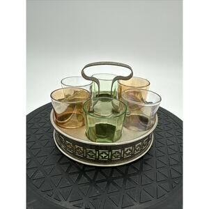 Vintage 70’s Silver Plated Serving Tray w 6 Iridescent Shot Glasses